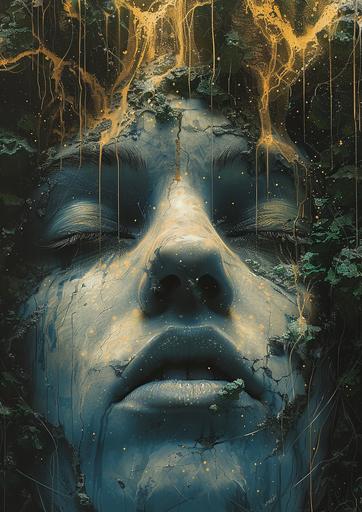 a giant face statue with serene expression, calm and divinity, among a huge rain forest, aerial shot, cinematic composition using rule of thirds with sky, jungle and statue.  , vibrant painting, --s 800 --ar 5:7