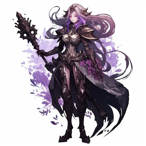 a giant female paladin with pale skin and eyes and long light straight hair, slender eyes, sharp nose, skinny eyebrows,thin lips and a long sharp angular face wearing dark purple and black paladin armour with silver outlines that is embroided with intricate designs of dahlias and dark purple dahlias in her hair, she holds a giant dark purple axe with her left hand and a dark purple flower paladin helmet with her right hand.