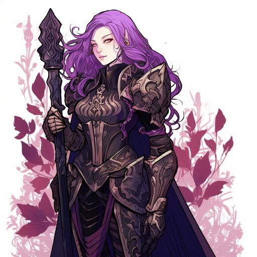 a giant female paladin with pale skin and eyes and long light straight hair, sharp nose, thin eyebrows, slender lips and a long sharp angular face wearing dark purple and black paladin armour with silver outlines that is embroided with intricate designs of dahlias and dark purple dahlias in her hair, she holds a giant dark purple axe with her left hand and a dark purple flower paladin helmet with her right hand.