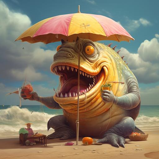 a giant fish monster sitting on the beach under an umbrella eating a banana, colorful, funny, strange