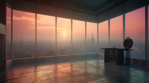 a giant futuristic podcast studio backdrop to be used for a podcast video background, neon colours, high definition, ultra realistic, with a huge window to the right side overlooking bangkok skyline at sunset with a giant storm --ar 16:9 --v 5