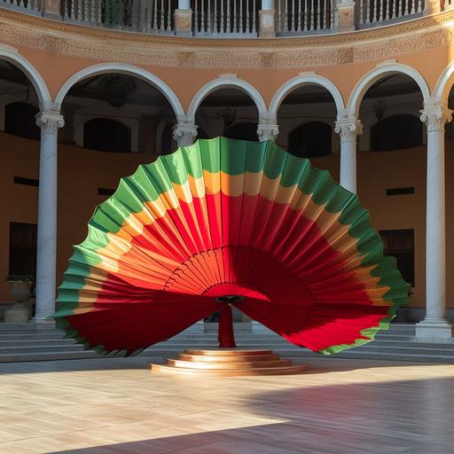 a giant spanish fan, made out of green and red layerd organza, opera set design, realistic, outdoors in a open space in saluzzo italy opera academy