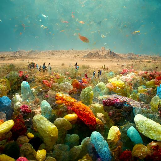 a giant square fish tank with many colored fish in the desert with people