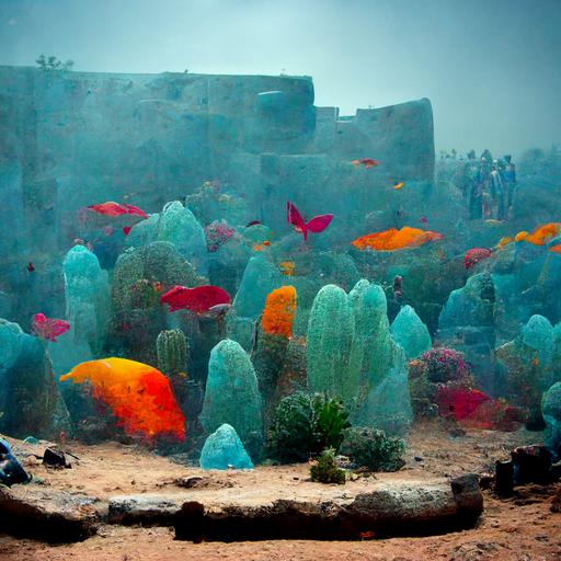 a giant square fish tank with many colored fish in the desert with people