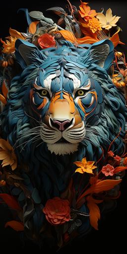a giant surreal blue tiger, ornate patterns, intricate details, highly textured, thorn bushes surrounding the blue tiger, blue, orange, yellow, red --ar 9:18 --chaos 12 --s 750