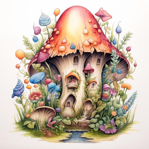 a giant tooth with a ranbow tattoo, carried by lots of ants, in the middle of a forest, a beautiful forest with mushrooms growing, tree growing, it feels like a fairy tale