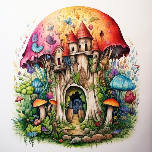 a giant tooth with a ranbow tattoo, carried by lots of ants, in the middle of a forest, a beautiful forest with mushrooms growing, tree growing, it feels like a fairy tale