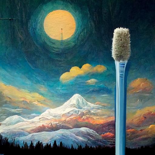 a giant toothbrush in a bob ross landscape painting