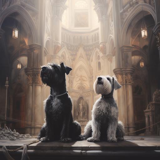 a giant white schnauzer and a tiny charcoal miniature schnauzer next to each other in photorealistic style inside a gothic cathedral
