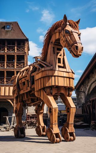 a giant wooden horse on wheels in the castle courtyard --ar 5:8