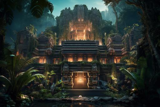 a gigantic secret enemy lair in a tropical jungle with torches and crocodile skulls built into the architecture in exquisite detail --ar 3:2 --q 2 --s 750