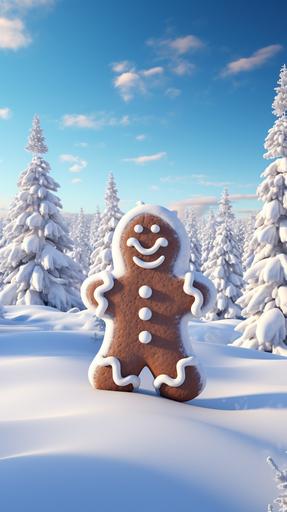 a gingerbread man on north pole, crystalic big trees, winter weather, day time cartoon style --ar 9:16