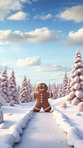 a gingerbread man on north pole, crystalic big trees, winter weather, day time cartoon style --ar 9:16