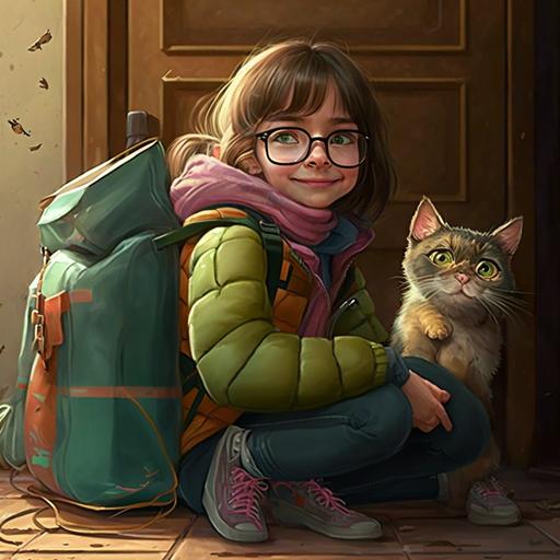 a girl, 9 years old, smiling, hazel eyes, round glasses, wears pink hoody and light brown jacket on top, light blue jeans, blue sneakers, ponytail with honey brown hair, bangs, sitting on the floor next to the green backpack and a grey tabby cat with green eyes, inside of the house