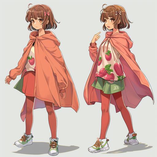 a girl about 15 years old wearing a Cape with beets on it wearing a Tunic with Leggings and Sneakers and has brown hair wearing a salmon colored shirt in an anime style with salmon leggings and looks innocent but determined