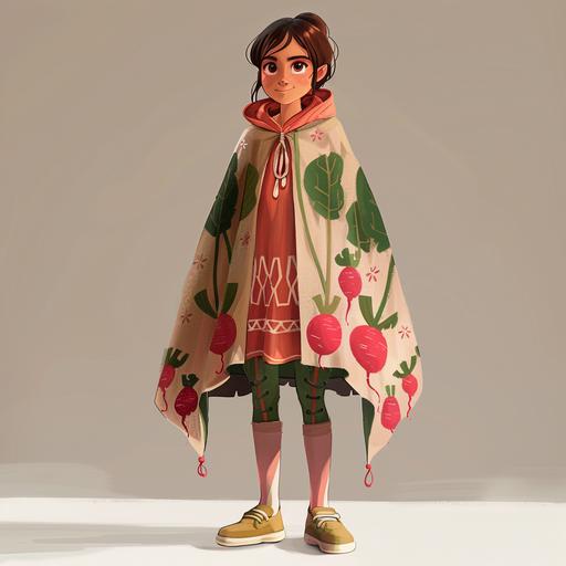 a girl about 15 years old wearing a Cape with beets on it wearing a Tunic with Leggings and Sneakers and has brown hair wearing a salmon colored shirt