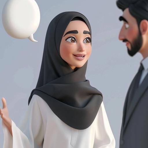a girl, age 28, emirati, wearing white, hijab, black abaya, clear background, smiling, Disney Pixar style, white speech bubble next to her Talking to 2 men 1 man in grey suit white shirt, 2nd man in blue suit and white shirt , both standing on the right side of the girl , confused face, clear background, Disney Pixar style, white speech bubble next to the man in blue suit