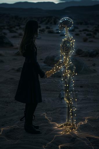 a girl and a neural network girl skeleton glowing anatomy standing opposite, symbol, standing in front of a dark desert landscape --ar 2:3 --v 6.0