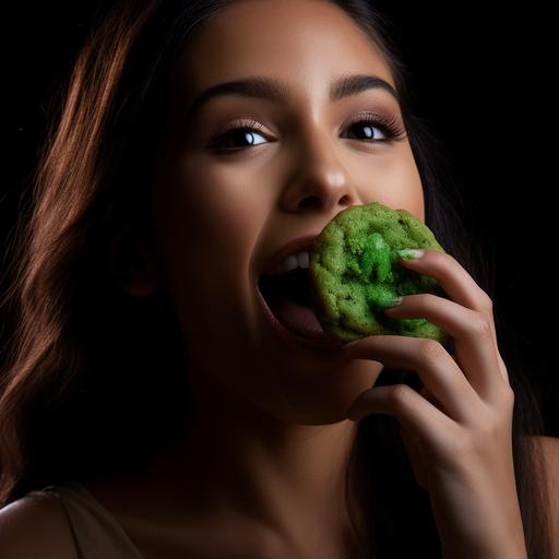 a girl eating green colored cookie, a zoom picture of her mouth as she puts the cookies in