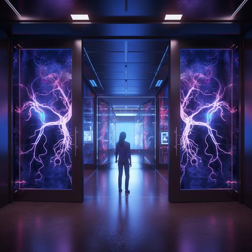 a girl entering the neurolaboratory entrance, symmetrical glass doors without handles, dark floor, small mouse near. Behind the door - combo of circuit and neuron. Dark, blue and purple color tones