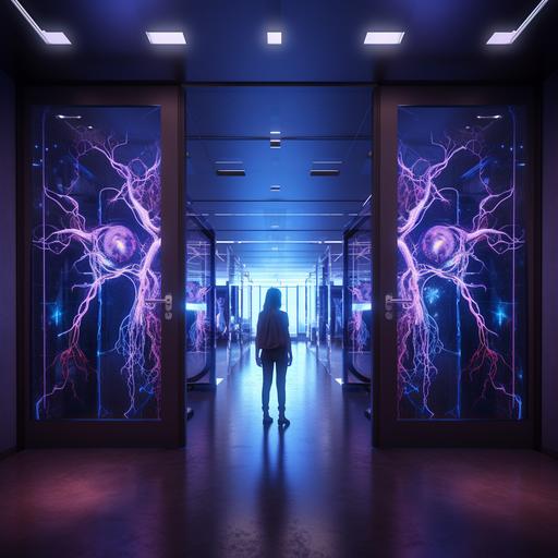a girl entering the neurolaboratory entrance, symmetrical glass doors without handles, dark floor, small mouse near. Behind the door - combo of circuit and neuron. Dark, blue and purple color tones