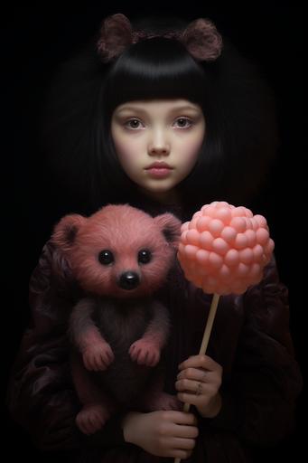 a girl holding a pink lollipop with a binturong on it, in the style of naturalist aesthetic, xmaspunk, dark amber and amber, organic sculpting --ar 2:3