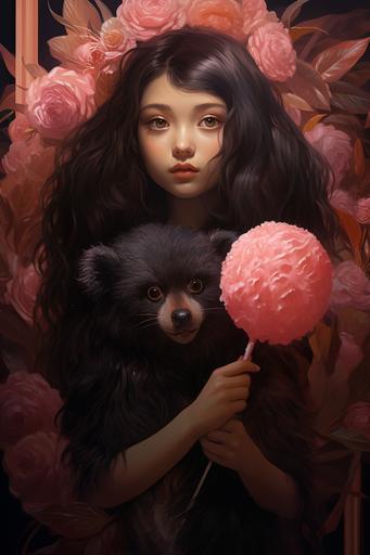 a girl holding a pink lollipop with a binturong on it, in the style of naturalist aesthetic, xmaspunk, dark amber and amber, organic sculpting --ar 2:3