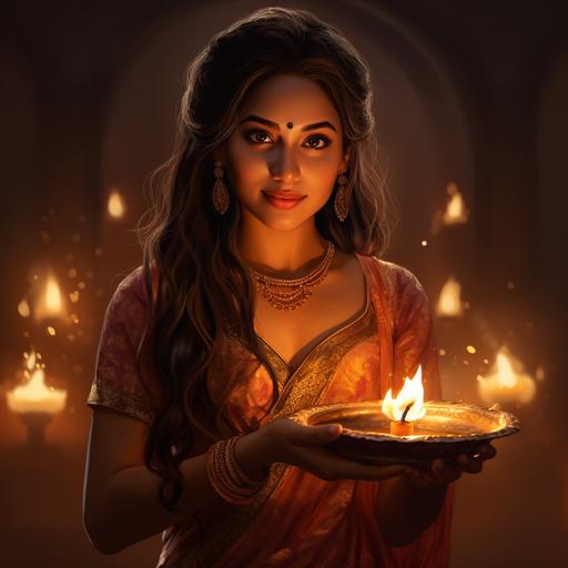 a girl holding diwali lamp, traditional wear, salwaars, kurtis, diwali theme, happy , silhoute theme