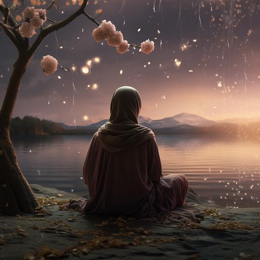 a girl in hijab sitting beside the lake beneath the tree looking at dried dead roses in a beautiful lightning greenery weather