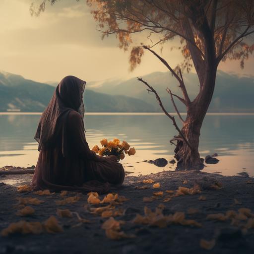 a girl in hijab sitting beside the lake beneath the tree looking at dried dead roses in a beautiful lightning greenery weather