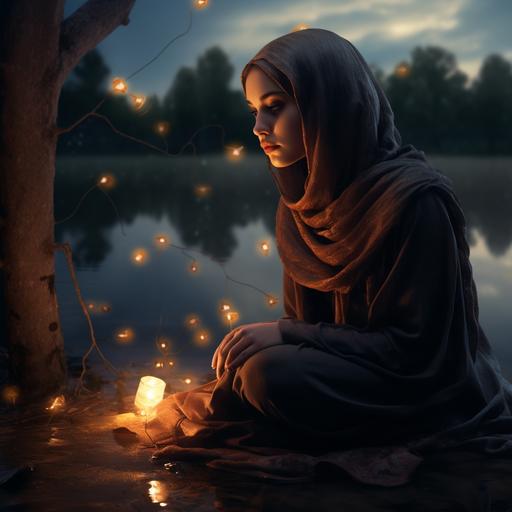 a girl in hijab sitting beside the lake beneath the tree looking at dried dead roses in a beautiful lightning greenery weather