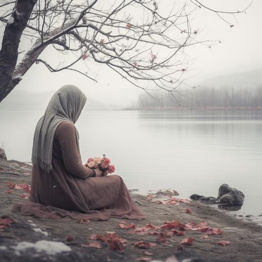 a girl in hijab sitting beside the lake beneath the tree looking at dried dead roses in snowy weather