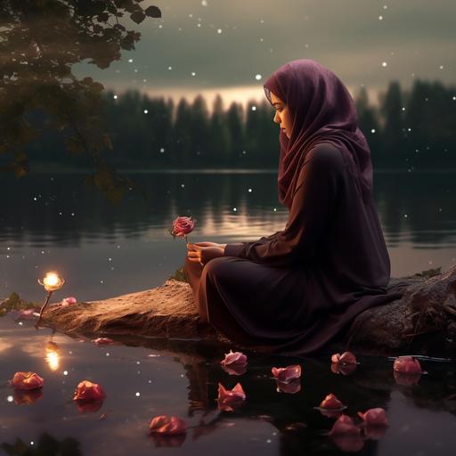 a girl in hijab sitting beside the lake beneath the tree looking at dried dead roses in a beautiful lightning greenery weather