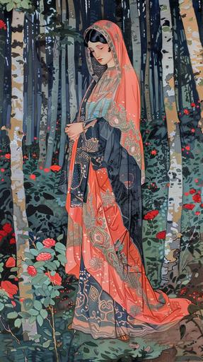 a girl in vintage adire art deco clothing in the forest, in the style of eastern orthodox icons, colorful gardens, american prints 1880–1950, celtic art, light sky-blue and red, elaborate borders, light pink and dark indigo --ar 9:16 --v 6.0