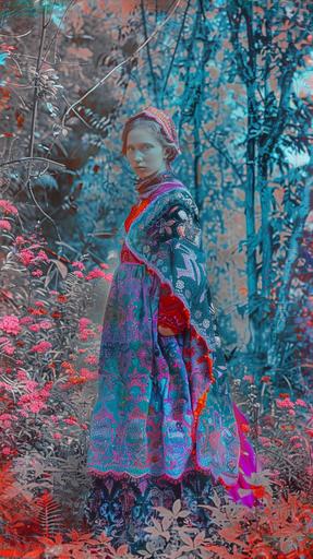 a girl in vintage adire art deco clothing in the forest, in the style of eastern orthodox icons, colorful gardens, american prints 1880–1950, celtic art, light sky-blue and red, elaborate borders, light pink and dark indigo --ar 9:16 --v 6.0