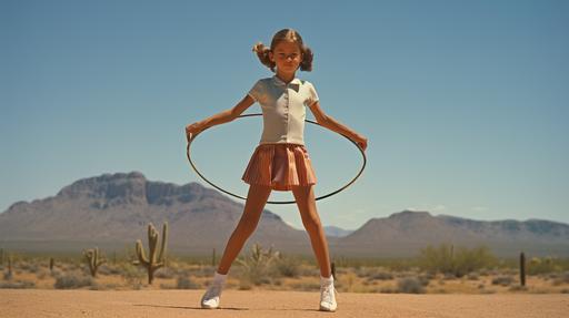 a girl playing with a hula hoop alone in the desert. 1960s clothing style, the girl is wearing two-toned saddle shoes. the hula hoop is wrapping around the girl like a ring. the girl is at the center of the hula hoop as it orbits about her waistline. use oval geometry, no circles. perspective is low. use rule of thirds composition --ar 16:9 --v 5.2
