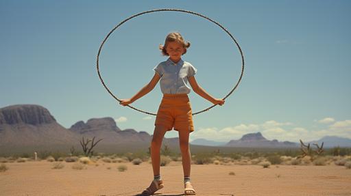 a girl playing with a hula hoop alone in the desert. 1960s clothing style, the girl is wearing two-toned saddle shoes. the hula hoop is wrapping around the girl like a ring. the girl is at the center of the hula hoop as it orbits about her waistline. use oval geometry, no circles. perspective is low. use rule of thirds composition --ar 16:9