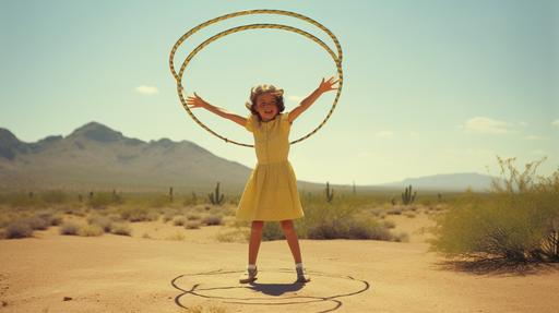 a girl playing with a hula hoop alone in the desert. 1960s clothing style, the girl is wearing two-toned saddle shoes. the hula hoop is wrapping around the girl like a ring. the girl is at the center of the hula hoop as it orbits about her waistline. the girl's hands are raised up into the air. use oval geometry, no circles. perspective is low. use rule of thirds composition --ar 16:9