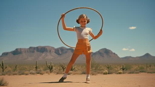 a girl playing with a hula hoop alone in the desert. 1960s clothing style, the girl is wearing two-toned saddle shoes. the hula hoop is wrapping around the girl like a ring. the girl is at the center of the hula hoop as it orbits about her waistline. use oval geometry, no circles. perspective is low. use rule of thirds composition --ar 16:9