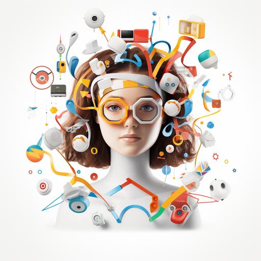 a girl robot with specs logo with campaign icons floating around the head using Google material design light theme and keep white background, white robotic suit, upper half and face only