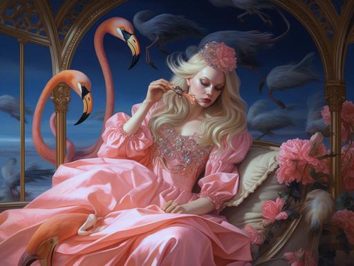 a girl sits in a bed with a Flamingo sat on her lap, in the style of fantasy art, baroque exaggeration, mirror, realistic hyper-detail, animals and people, pink and gold, romantic visions --ar 77:58 --v 5.1 --q 2 --style raw --s 250 --v 5.1 --q 2 --style raw --s 250