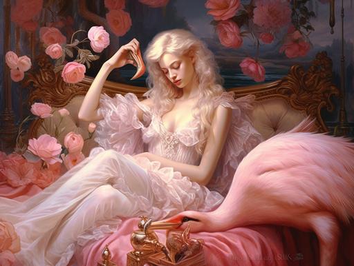 a girl sits in a bed with a Flamingo sat on her lap, in the style of fantasy art, baroque exaggeration, mirror, realistic hyper-detail, animals and people, pink and gold, romantic visions --ar 77:58 --v 5.1 --q 2 --style raw --s 250 --v 5.1 --q 2 --style raw --s 250