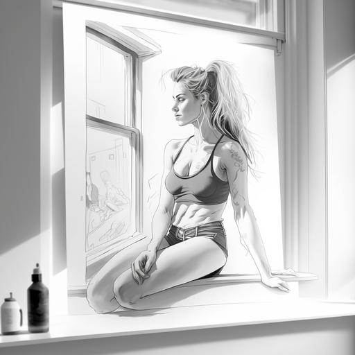 a girl sitting by a window, big chest, white background , drawing , playing with hair