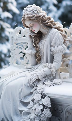 a girl sitting on a bench covered in snow, in the style of graceful sculptures, animated gifs, timeless elegance, softly luminous, patience of a saint, victorian-era clothing, i can't believe how beautiful this is --ar 29:49