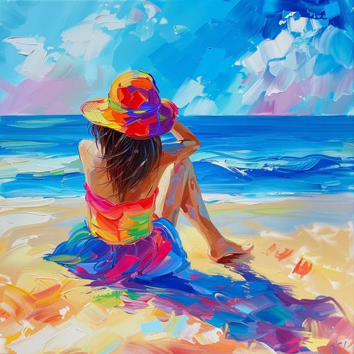 a girl sitting on the beach, cartoon style, oil painting, bright colors