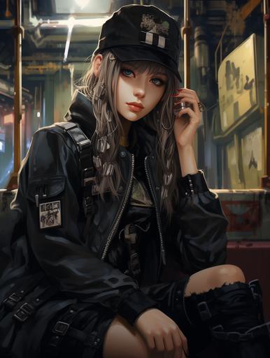a girl wearing a black military dress with a black and white cap, in the style of cyberpunk manga, light brown and gray, nightcore, scumbling, flat areas of color, poured, party kei --ar 3:4