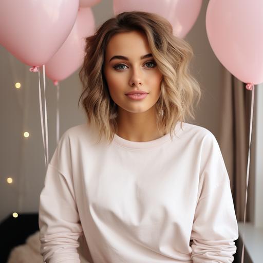 a girl wearing a white plain smooth Gildan sweater with blonde short hair  with a pink background with heart ballons --style raw --s 750