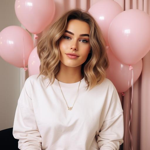 a girl wearing a white plain smooth Gildan sweater with blonde short hair  with a pink background with heart ballons --style raw --s 750
