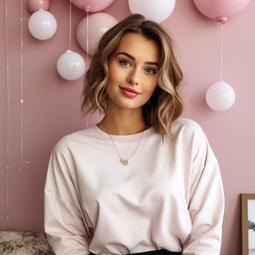 a girl wearing a white plain smooth Gildan sweater with brown short hair  with background of a pink wall with hearts and some dark red ballons --style raw --s 750