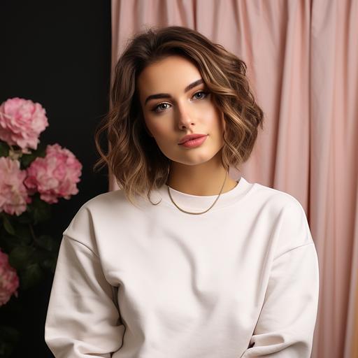 a girl wearing a white plain smooth Gildan sweater with brown short hair  with background of a pink wall with hearts and some dark red roses Valentin’s day --style raw --s 750